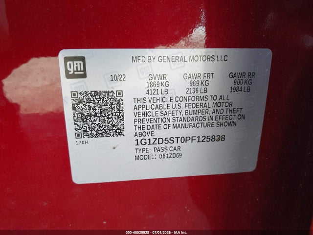 1G1ZD5ST0PF125838 Chevrolet Malibu Fwd 1lt