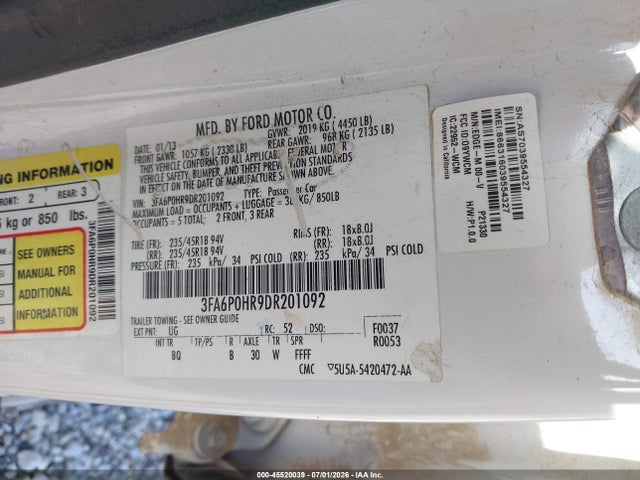 2013 Ford Fusion Se მანქანა იყიდება აუქციონზე, vin: 3FA6P0HR9DR201092, აუქციონის ნომერი: 45520039