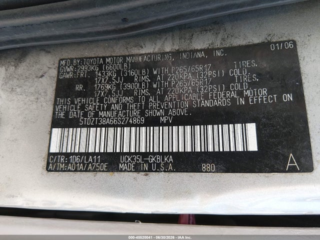 Продаж на аукціоні авто 2006 Toyota Sequoia Limited V8, vin: 5TDZT38A66S274869, номер лоту: 45520041