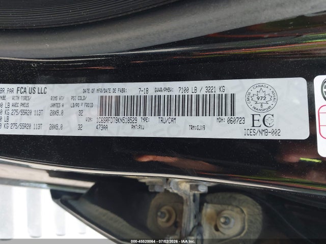 45520064 :رقم المزاد ، 1C6SRFDT9KN518529 vin ، 2019 Ram 1500 Laramie مزاد بيع