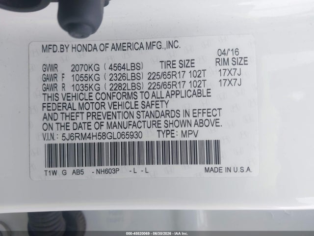 Honda CR-V EX 2016 5J6RM4H58GL065930 Image 9