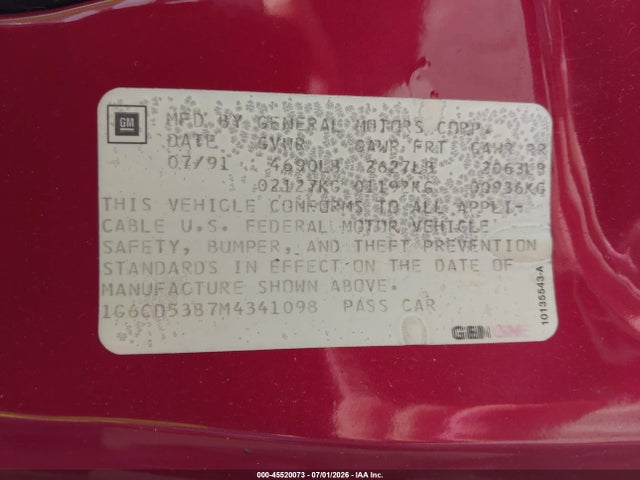 45520073 :رقم المزاد ، 1G6CD53B7M4341098 vin ، 1991 Cadillac Deville مزاد بيع
