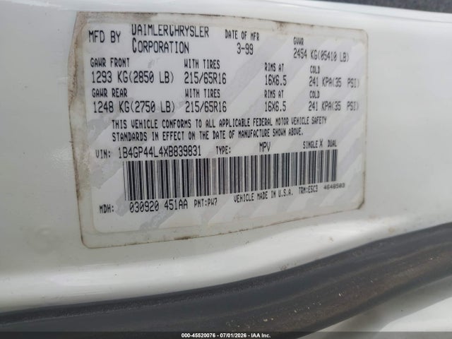 Aukcja sprzedaży 1999 Dodge Grand Caravan Se, vin: 1B4GP44L4XB839831, numer aukcji: 45520076