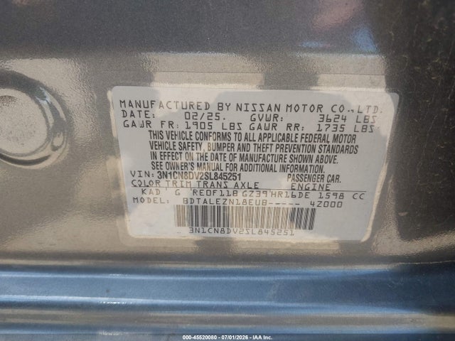 Продажа на аукционе авто 2025 Nissan Versa 1.6 S, vin: 3N1CN8DV2SL845251, номер лота: 45520080