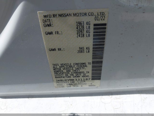 2022 Nissan Altima Sr Fwd მანქანა იყიდება აუქციონზე, vin: 1N4BL4CV9NN331187, აუქციონის ნომერი: 45520097