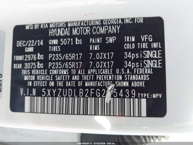 5XYZUDLB2FG265439 Hyundai Santa Fe Sport 2.4l