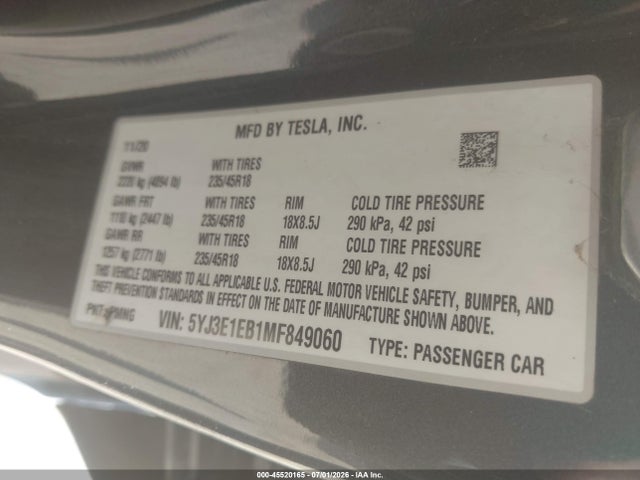 Aukcja sprzedaży 2021 Tesla Model 3 Long Range Dual Motor All-wheel Drive, vin: 5YJ3E1EB1MF849060, numer aukcji: 45520165