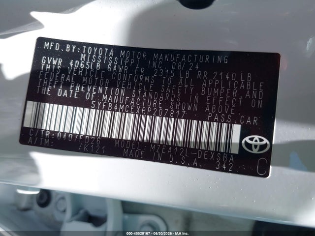 45520167 :رقم المزاد ، 5YFB4MCEXRP207817 vin ، 2024 Toyota Corolla Nightshade Edition مزاد بيع
