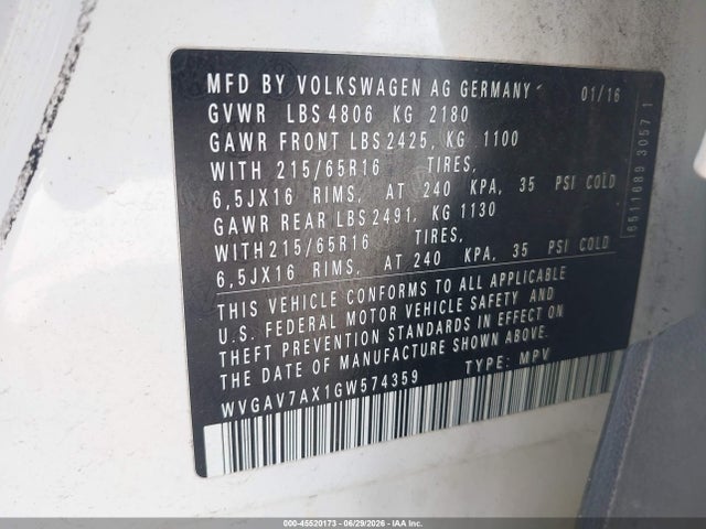 45520173 :رقم المزاد ، WVGAV7AX1GW574359 vin ، 2016 Volkswagen Tiguan S مزاد بيع