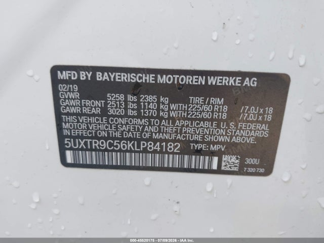 Aukcja sprzedaży 2019 Bmw X3 Xdrive30i, vin: 5UXTR9C56KLP84182, numer aukcji: 45520175