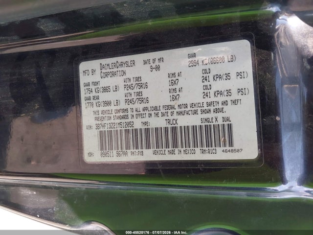 45520176 :رقم المزاد ، 3B7HF13Z21M512052 vin ، 2001 Dodge Ram 1500 St مزاد بيع