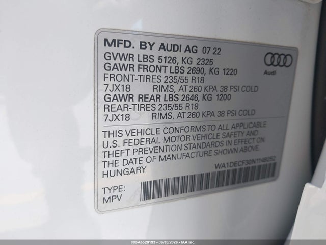 45520193 :رقم المزاد ، WA1DECF30N1149252 vin ، 2022 Audi Q3 Premium 45 Tfsi S Line Quattro Tiptronic مزاد بيع