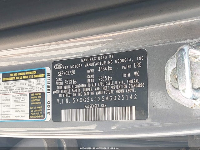 Aukcja sprzedaży 2021 Kia K5 Lx, vin: 5XXG24J25MG025142, numer aukcji: 45520196