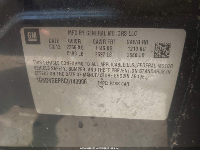 45520200 :رقم المزاد ، 1G6DV5EP8C0143906 vin ، 2012 Cadillac Cts-v مزاد بيع