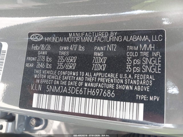 Aukcja sprzedaży 2026 Hyundai Tucson Se, vin: 5NMJA3DE6TH697686, numer aukcji: 45520219