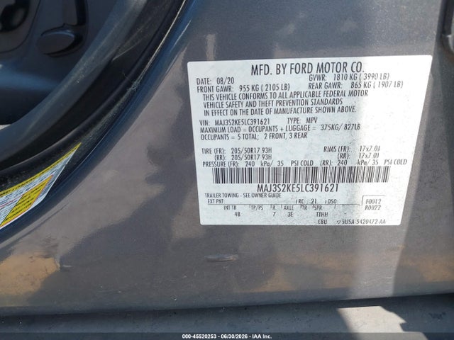 Продажа на аукционе авто 2020 Ford Ecosport Titanium, vin: MAJ3S2KE5LC391621, номер лота: 45520253