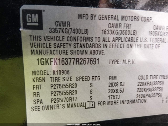 Aukcja sprzedaży 2007 Gmc Yukon Xl 1500 Slt, vin: 1GKFK16377R267691, numer aukcji: 45520257
