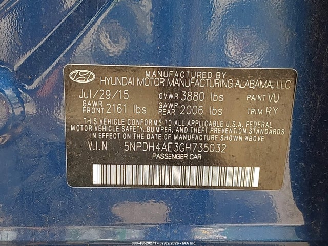 2016 Hyundai Elantra Value Edition მანქანა იყიდება აუქციონზე, vin: 5NPDH4AE3GH735032, აუქციონის ნომერი: 45520271