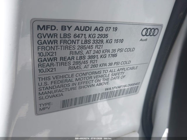 45520274 :رقم المزاد ، WA1FVAF16LD000402 vin ، 2020 Audi Q8 Prestige 55 Tfsi Quattro Tiptronic مزاد بيع
