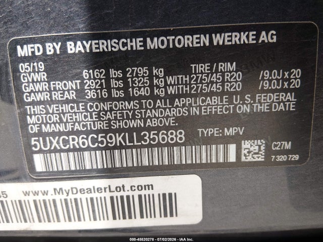 Продаж на аукціоні авто 2019 Bmw X5 Xdrive40i, vin: 5UXCR6C59KLL35688, номер лоту: 45520278