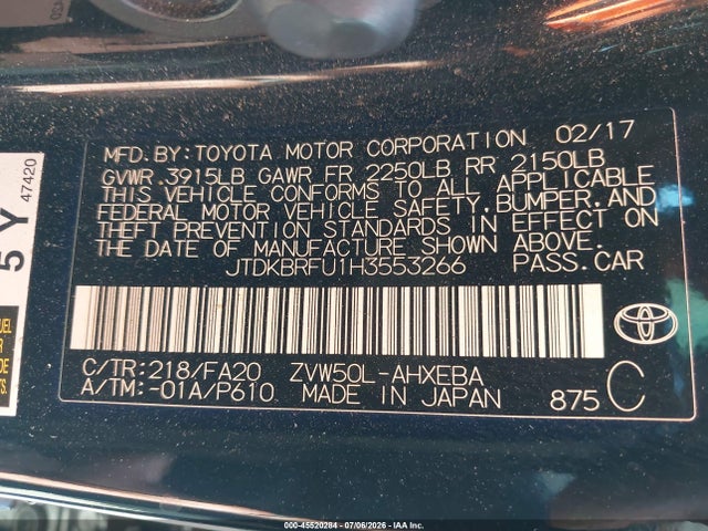 Toyota Prius Two 2017 JTDKBRFU1H3553266 Image 9