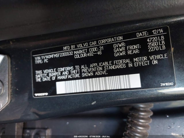 Aukcja sprzedaży 2015 Volvo S60 T5 Platinum, vin: YV140MFM5F2355532, numer aukcji: 45520298