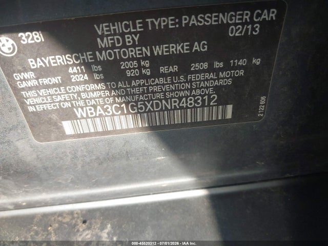 Aukcja sprzedaży 2013 Bmw 328i, vin: WBA3C1G5XDNR48312, numer aukcji: 45520312