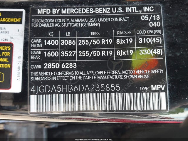 Aukcja sprzedaży 2013 Mercedes-benz Ml 350 4matic, vin: 4JGDA5HB6DA235855, numer aukcji: 45520315