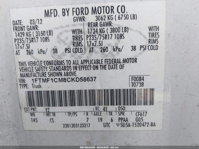 Auction sale of the 2012 Ford F-150 Xl, vin: 1FTMF1CM8CKD58637, lot number: 45520359