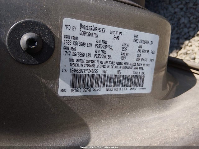 Aukcja sprzedaży 2000 Dodge Durango, vin: 1B4HS28Z4YF240265, numer aukcji: 45520367