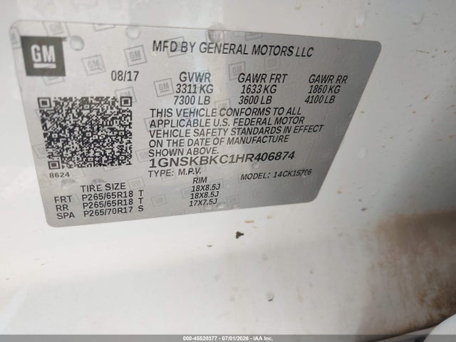 45520377 :رقم المزاد ، 1GNSKBKC1HR406874 vin ، 2017 Chevrolet Tahoe Lt مزاد بيع