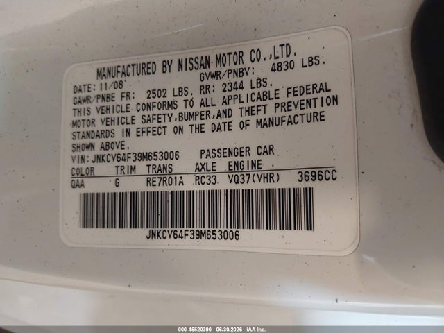 2009 Infiniti G37x მანქანა იყიდება აუქციონზე, vin: JNKCV64F39M653006, აუქციონის ნომერი: 45520390