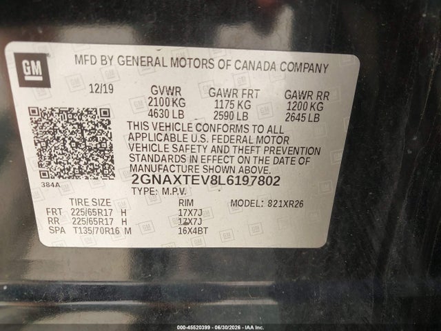45520399 :رقم المزاد ، 2GNAXTEV8L6197802 vin ، 2020 Chevrolet Equinox Awd 2fl مزاد بيع