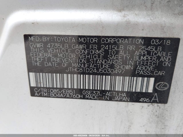 Продажа на аукционе авто 2018 Lexus Is 300, vin: JTHC81D24J5030497, номер лота: 45520406