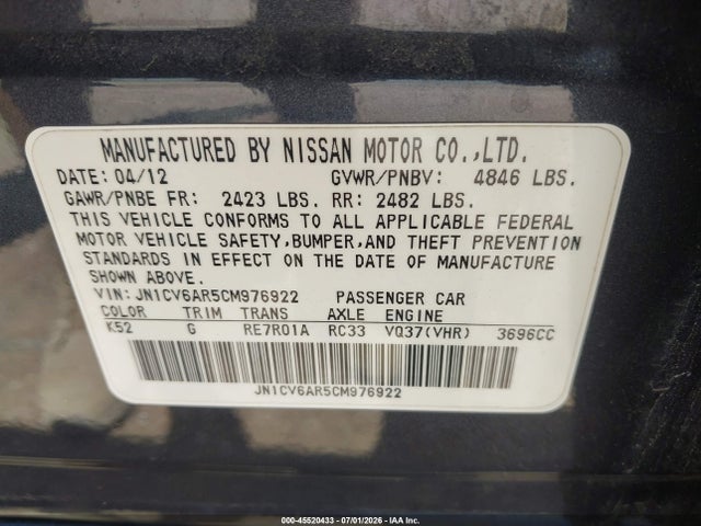 Aukcja sprzedaży 2012 Infiniti G37x, vin: JN1CV6AR5CM976922, numer aukcji: 45520433