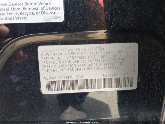 Aukcja sprzedaży 2006 Volkswagen Passat 2.0t/value Edition, vin: WVWAK73C26P200536, numer aukcji: 45520438