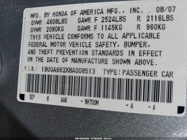 45520450 :رقم المزاد ، 19UUA662X8A008513 vin ، 2008 Acura Tl 3.2 مزاد بيع