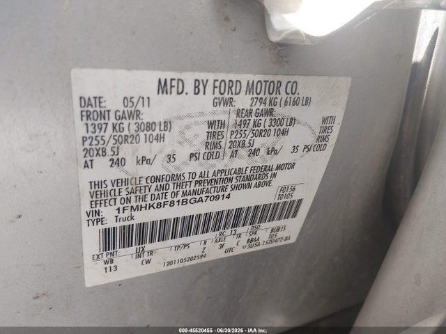 Auction sale of the 2011 Ford Explorer Limited, vin: 1FMHK8F81BGA70914, lot number: 45520455