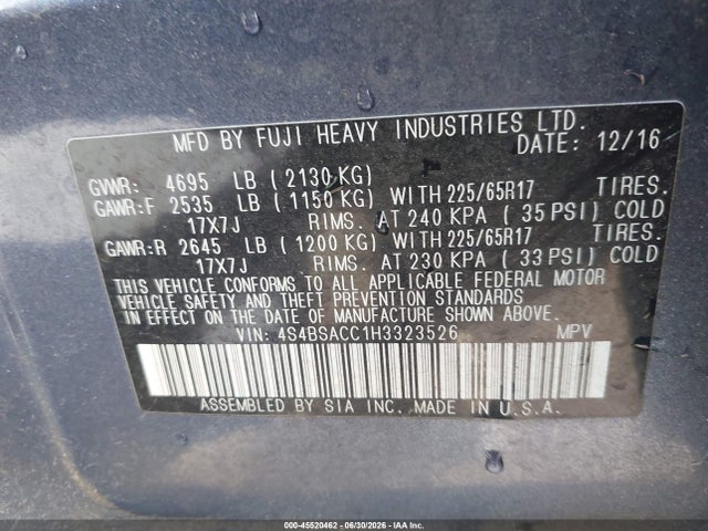 Продаж на аукціоні авто 2017 Subaru Outback 2.5i Premium, vin: 4S4BSACC1H3323526, номер лоту: 45520462