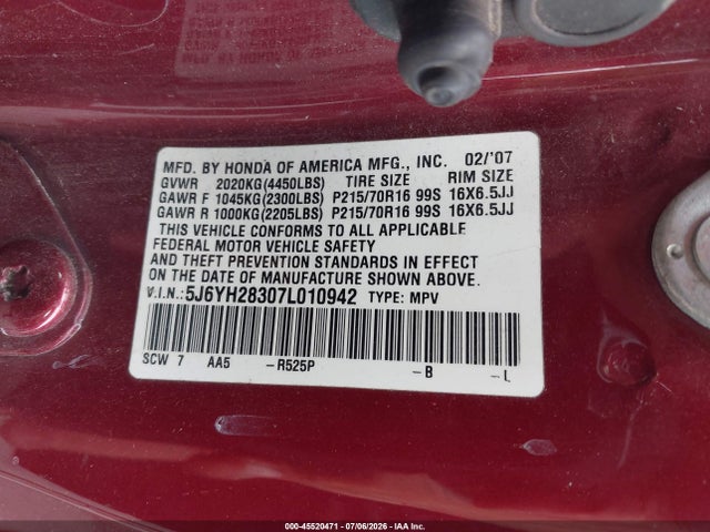 Aukcja sprzedaży 2007 Honda Element Lx, vin: 5J6YH28307L010942, numer aukcji: 45520471