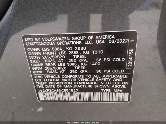 Aukcja sprzedaży 2022 Volkswagen Atlas 2.0t Se W/technology, vin: 1V2KP2CA8NC551527, numer aukcji: 45520477