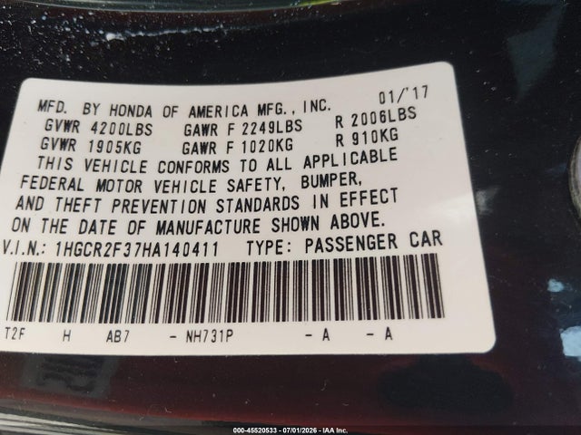 1HGCR2F37HA140411 Honda ACCORD LX