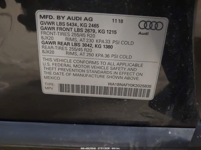 Продаж на аукціоні авто 2019 Audi Q5 45 Premium, vin: WA1BNAFY0K2025835, номер лоту: 45520546
