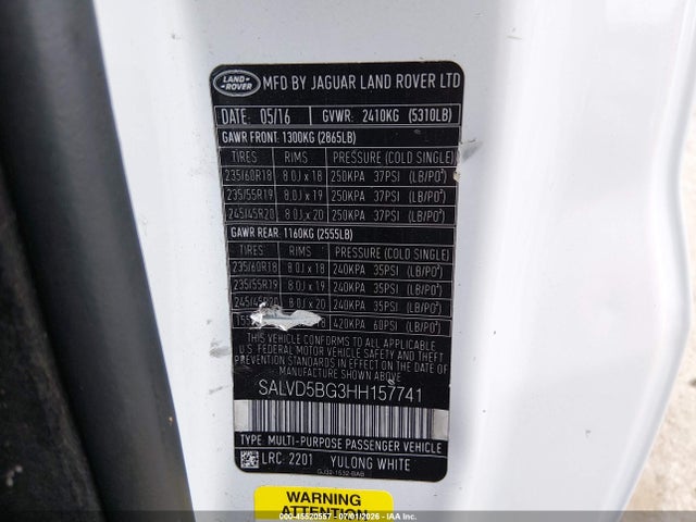 45520557 :رقم المزاد ، SALVD5BG3HH157741 vin ، 2017 Land Rover Range Rover Evoque Hse Dynamic مزاد بيع