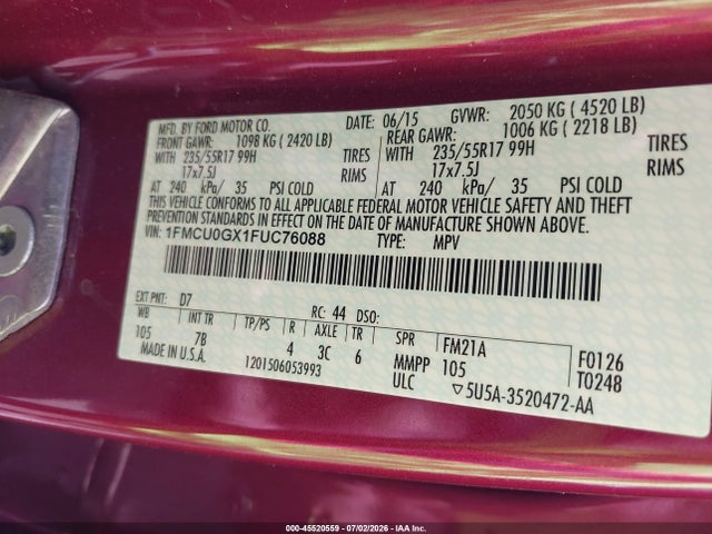 Auction sale of the 2015 Ford Escape Se, vin: 1FMCU0GX1FUC76088, lot number: 45520559