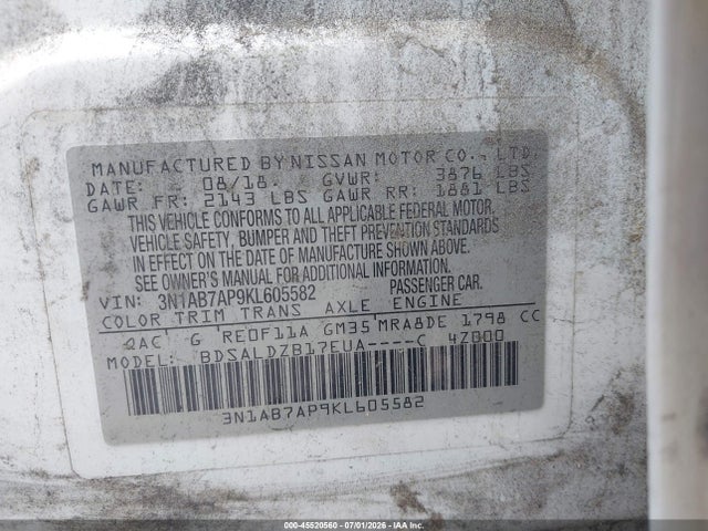 3N1AB7AP9KL605582 Nissan SENTRA SV