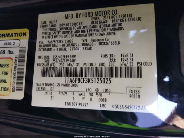 Ford MUSTANG GT 2019 1FA6P8CF3K5125025 Image 9