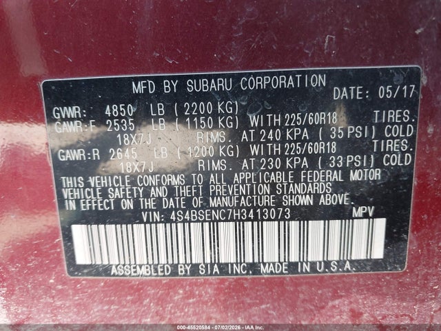 4S4BSENC7H3413073 Subaru Outback 3.6r Limited