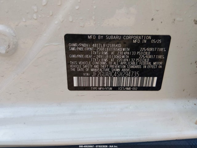 Aukcja sprzedaży 2025 Subaru Crosstrek, vin: JF2GUABC4SH294735, numer aukcji: 45520587