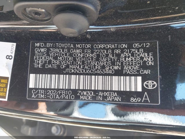 Aukcja sprzedaży 2012 Toyota Prius Two, vin: JTDKN3DU6C5463440, numer aukcji: 45520594